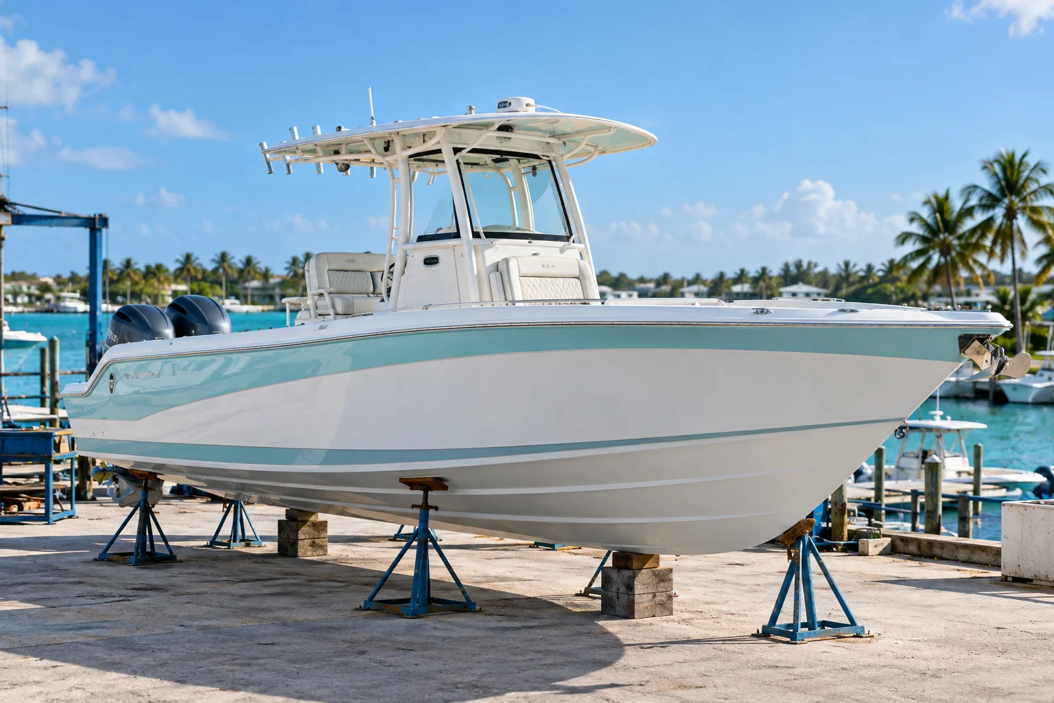 Illustrative view of a white powerboat in a tropical boatyard