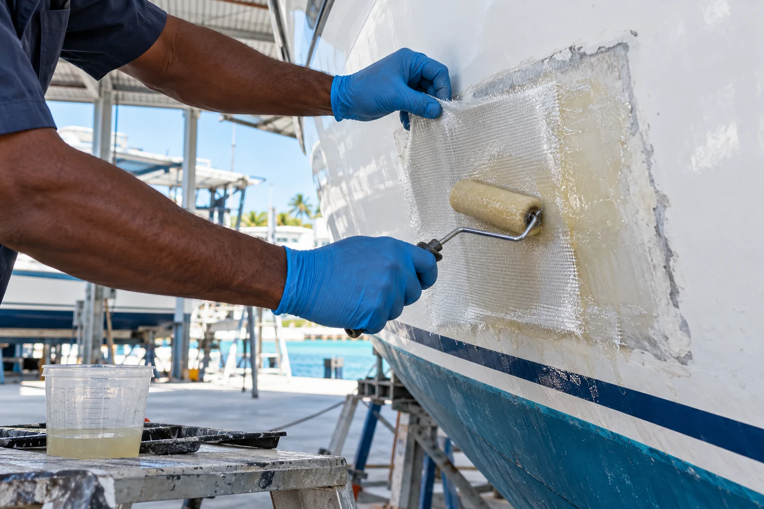 Illustrative close-up of fiberglass cloth and resin being applied to a boat hull repair