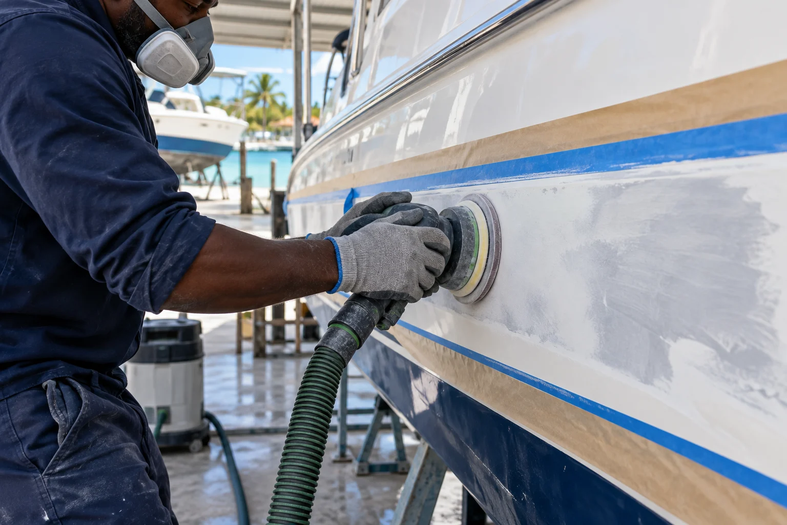 Illustrative close-up of a marine technician preparing a fiberglass hull for refinishing